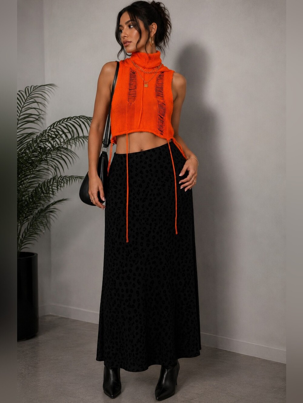 NWOT Half Heart Orange Distressed Knit Cropped Hoodie Top